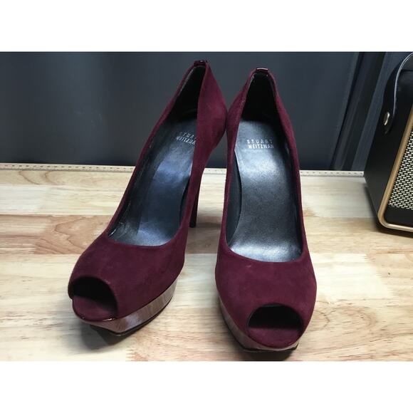 Stuart Weitzman Platform Pumps Women's 8.5 Burgundy Suede Slip-On Peep Toe - Picture 1 of 9